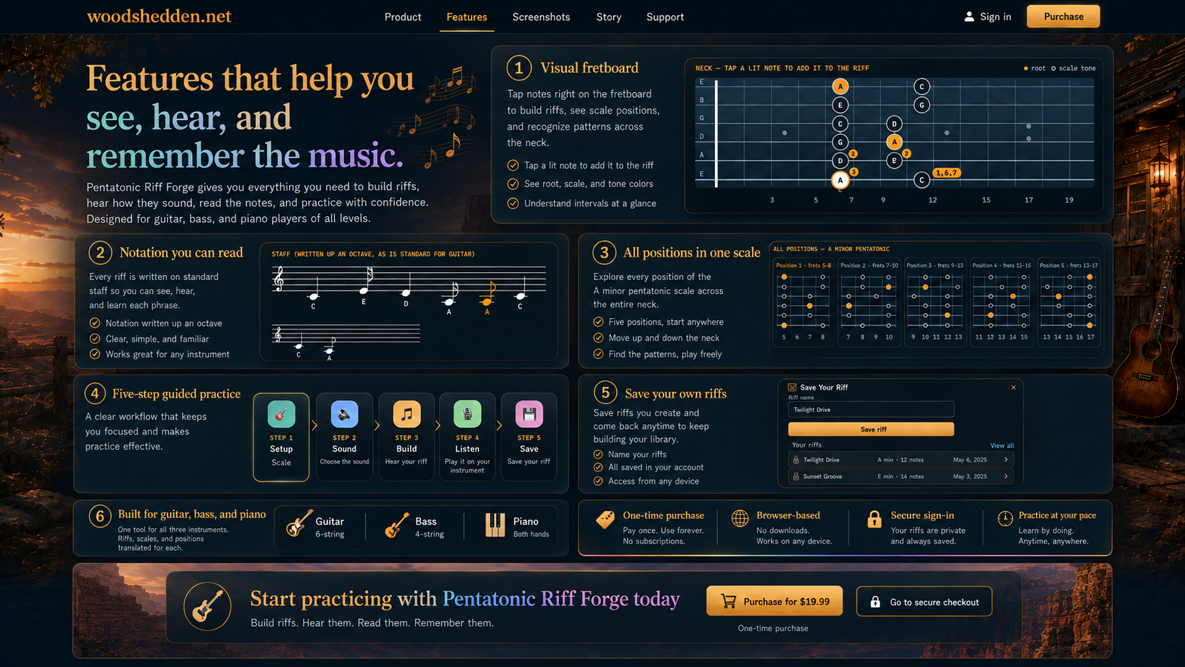 Pentatonic Riff Forge features page showing the interactive fretboard, staff notation, five scale positions, guided practice, and saved riffs.