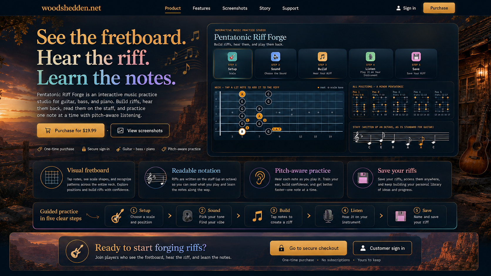 Pentatonic Riff Forge product page showing the visual fretboard, staff notation, scale positions, guided practice, and purchase options.