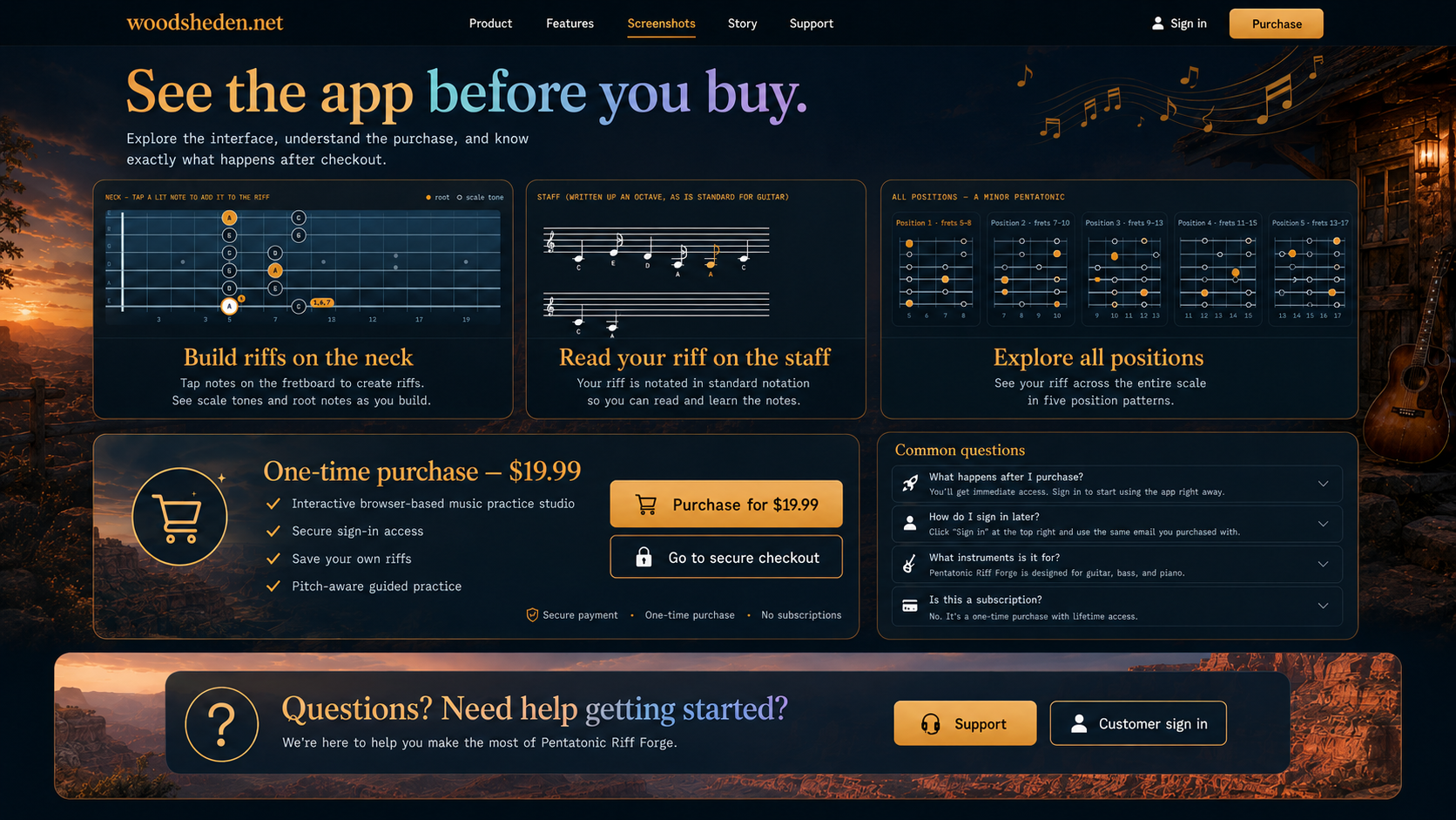 Pentatonic Riff Forge screenshots and pricing page showing fretboard riff building, staff notation, scale positions, one-time price, and FAQs.
