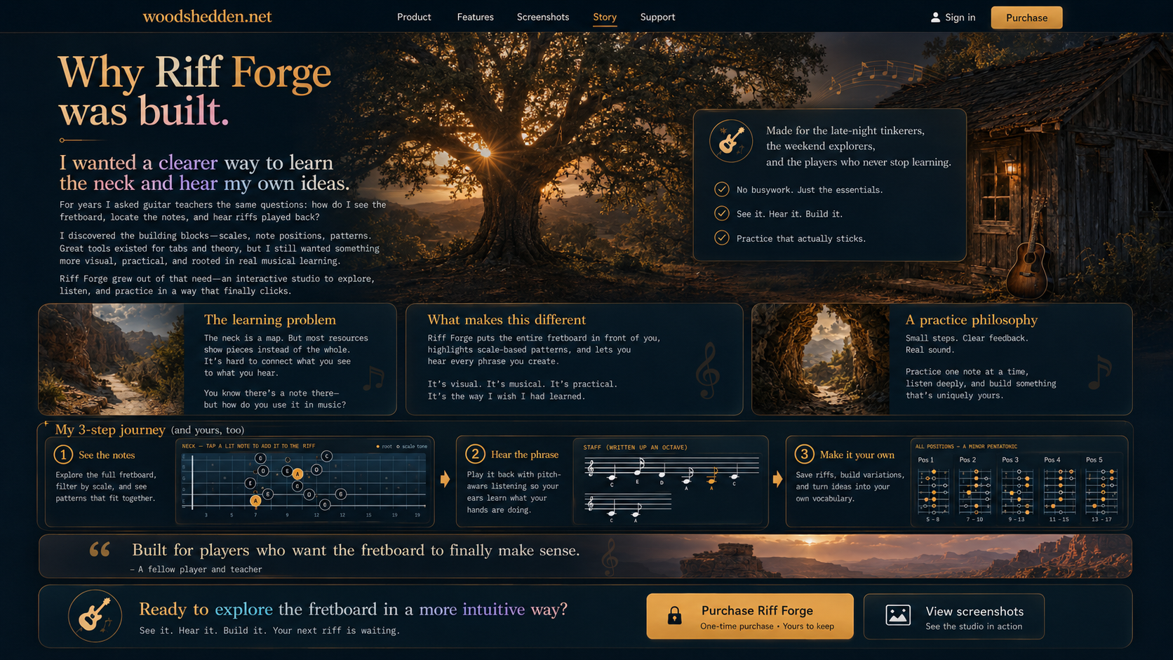 The Pentatonic Riff Forge story page with a rustic woodshed, a large tree at sunset, and a three-step journey from seeing notes to creating riffs.