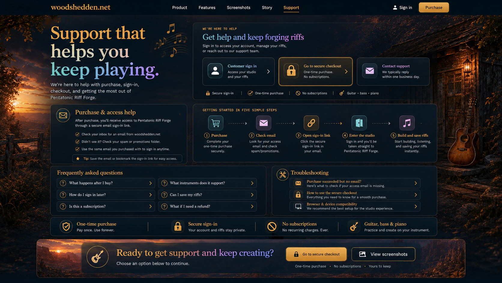 Pentatonic Riff Forge support page showing purchase and access help, five getting-started steps, FAQs, troubleshooting, and support links.